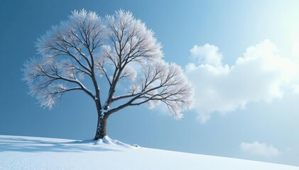 Fototapeta premium Snow-clad tree rising above snow-covered ground with bare branches, serenity, icy limbs