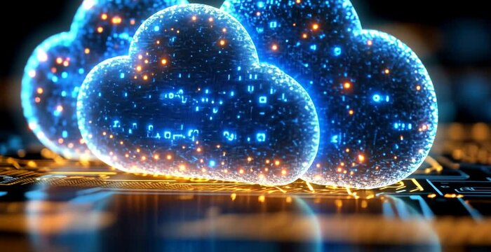 Futuristic digital clouds over a glowing circuit board, symbolizing cloud computing technology