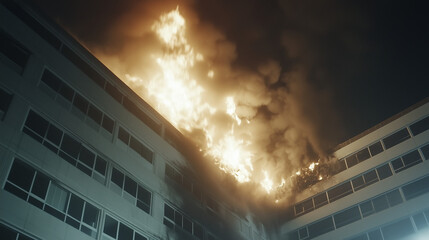 Inferno Engulfs Structure: A multi-story building is consumed by a raging fire at night, flames reaching up into the sky, creating a dramatic and dangerous scene.