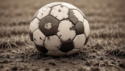 A worn soccer ball resting on rough grass and dirt