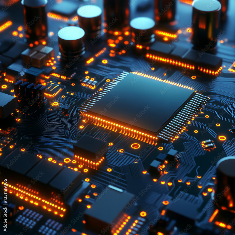 Poster close-up of circuit board with central processor and glowing orange contacts