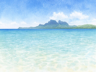 Naklejka premium Serene Watercolor Seascape of a Tropical Island Paradise