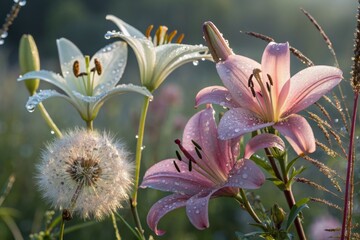 Fototapeta premium Lilies and Dandelion Seed Head with Morning Dew