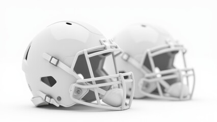 Fototapeta premium Two white football helmets with face guards are placed side by side, showcasing their design and structure.
