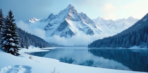 Fototapeta premium Snow-covered mountains rise high above a frozen lake and surrounding woods, misty mountains, alpine landscape, peaceful atmosphere