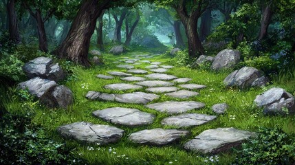 Sunlit Stone Path Through a Lush Green Forest