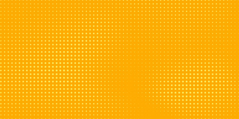 Yellow halftone pattern. Retro comic gradient background. Bright orange pixelated dotted texture overlay. Cartoon pop art faded gradient pattern yellow background