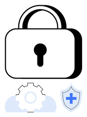 Padlock symbolizing security above a gear representing maintenance, a shield with a health cross, and a cloud, emphasizing protection. Ideal for cybersecurity, data safety, health care, cloud