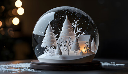 A snow globe with trees and houses inside, designed in a papercut style, creating a festive and wintery holiday scene.