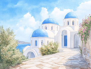 Watercolor Painting of Greek Church