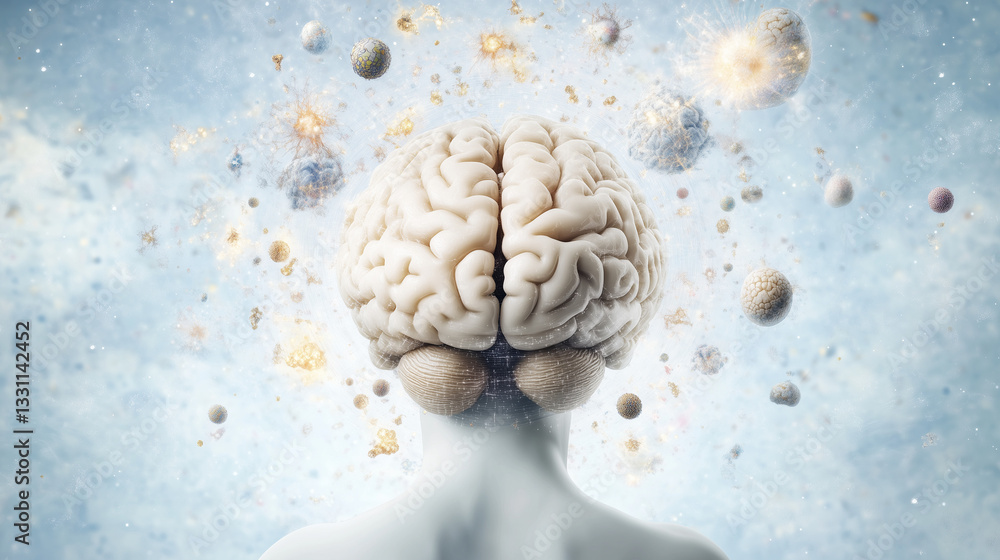 Poster brain's cosmic thoughts: artistic representation of the human brain with cosmic elements, exploring 