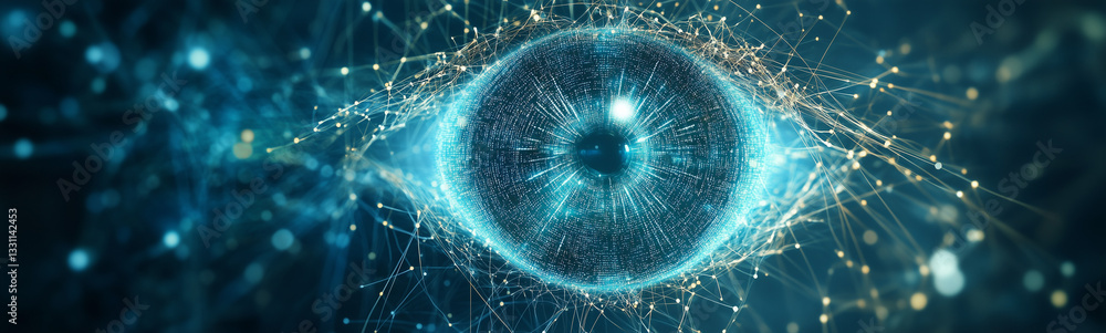 Aufkleber cyber eye: a digital representation of an eye, surrounded by a network of interconnected nodes and g