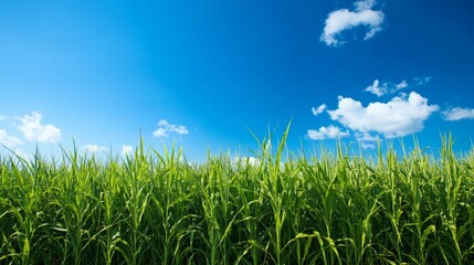 Obraz premium A vast sugar cane plantation stretches under a bright blue sky, capturing the essence of agriculture. 