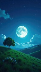 Fototapeta premium Summer night with stars and a big bright moon over a green hill, light, landscape