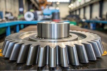 Close-up of a large steel gear in a modern manufacturing facility.