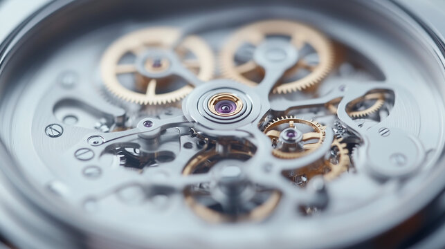 Intricate Time: An intimate look at the complex inner workings of a luxury watch, showcasing the precision mechanics and exquisite craftsmanship of the watch mechanism. 