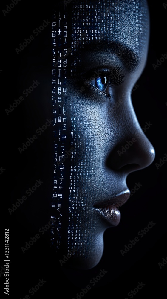 Poster profile of a futuristic woman surrounded by digital code representing technology and innovation in c