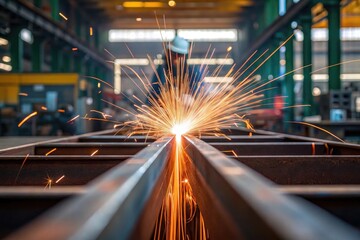 Close-up of welding sparks flying in a bustling industrial workshop environment.