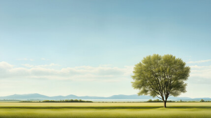 Obraz premium Solitary Tree in the Meadow: A single tree stands tall in a vast meadow, under a expansive sky. Capture the tranquility and the enduring power of nature. 