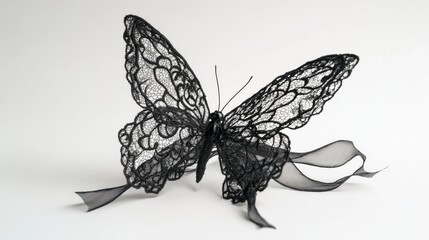 Black lace butterfly with a delicate black ribbon, set against a white background. 