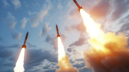 Three rockets launch into sky, leaving trails of fire and smoke against dramatic cloud backdrop