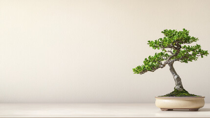 beautiful bonsai tree in ceramic pot, showcasing intricate branches and lush green leaves, adds tranquility to any space