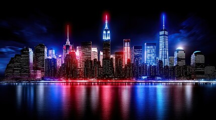 Fototapeta premium Nighttime City Skyline with Illuminated Buildings in Red, White, and Blue Colors Reflecting on Calm Water Surface, Urban Landscape at Dusk