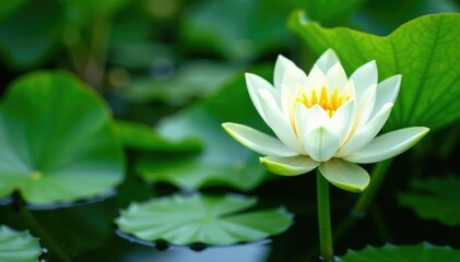 Water lily like plant with green leaves and white flowers, foliage, aquatic life, water lily