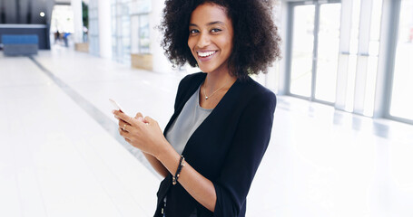 Business woman, cellphone and smile in office lobby with social media, email or convention...
