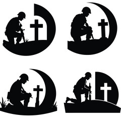 Silhouette of a soldier praying at a military graveyard, paying tribute to the courage and sacrifices of the fallen heroes