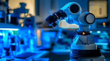 Robotic arm in a modern laboratory setting, illuminated with blue light.