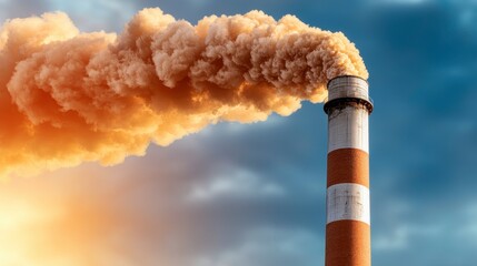 Tan Smoke Billowing from Brick Smokestack Under Cloudy Sky