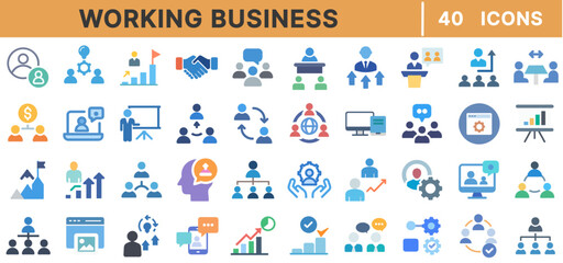 Working Business Line Icons Set &ndash; Team Collaboration, Strategy, Leadership, Business Development, Office Work, Communication, and Productivity