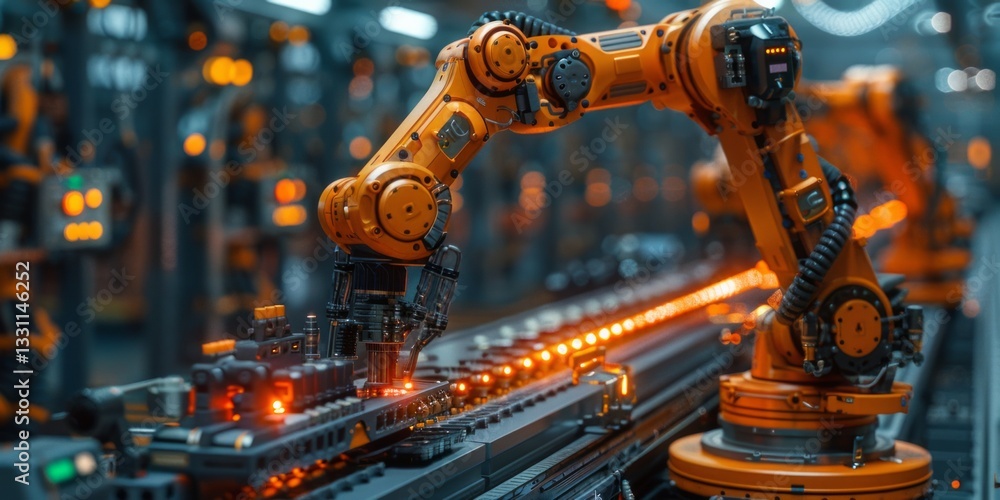 Poster industrial robotic arms assembling components on an automated production line in a high-tech factory