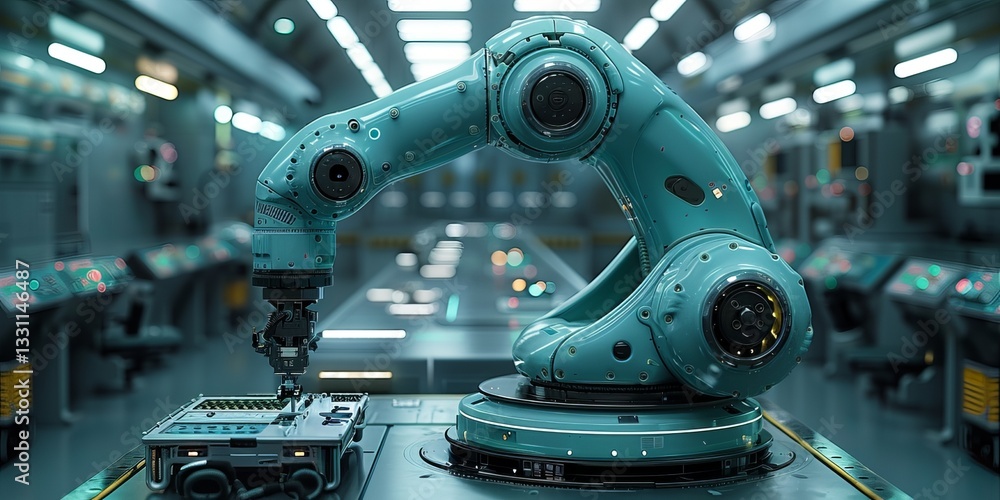 Poster futuristic robotic arm assembling electronic components in a high-tech laboratory