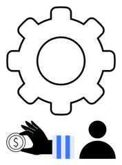 Gear symbolizes process optimization, hand with coin reflects financial transactions, and profile icon denotes user interaction. Ideal for technology, finance, automation, employment, workflow