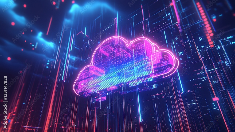 Poster futuristic cloud computing concept with neon light and data streams