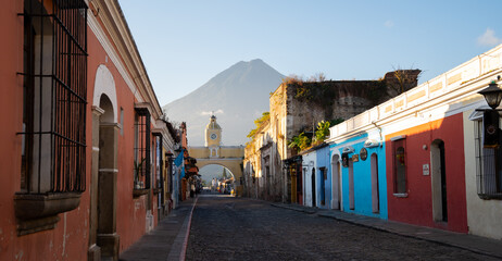 Colonial architecture in La Antigua Guatemala on a sunny morning