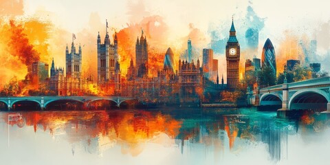 Fototapeta premium Artistic impression of the London skyline reflected in water