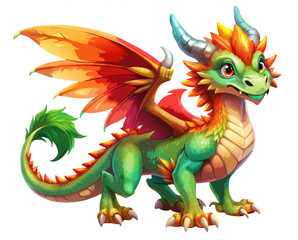 Naklejka premium A magical collection of fantasy dragon illustrations featuring flying monster characters in red, green, and orange. 