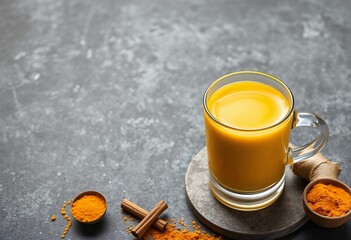 Golden Turmeric Latte Drink in Glass Mug with Spices on Grey Background