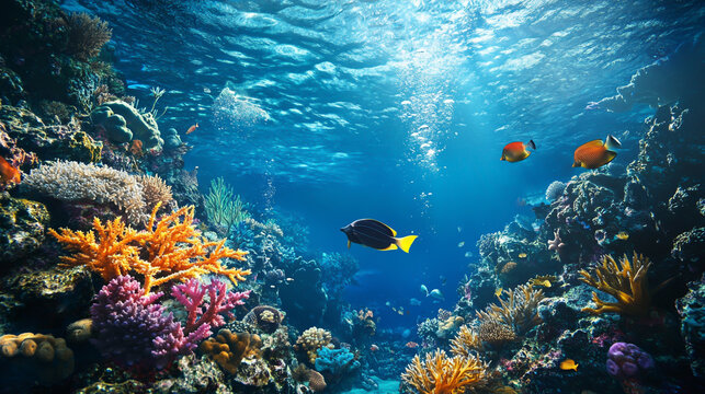 A vibrant tropical coral reef teems with colorful fish and marine life, as a diver in an aqua-lung explores the subaquatic world beneath the crystal-clear blue waters of the Caribbean, surrounded
