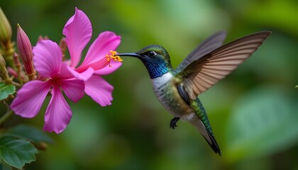 Naklejka premium Blue-vented hummingbird, Saucerottia hoffmanni, bird sucking nectar from pink flower bloom in nature. Hummingbird feeding behaviour in the garden, Rio Sarapiquí in Costa rica. Tropic nature, wildlife.