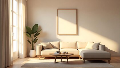 A sunlit modern living room with minimalist furniture and plant