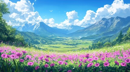 Fototapeta premium Mountain valley with purple flowers and green fields