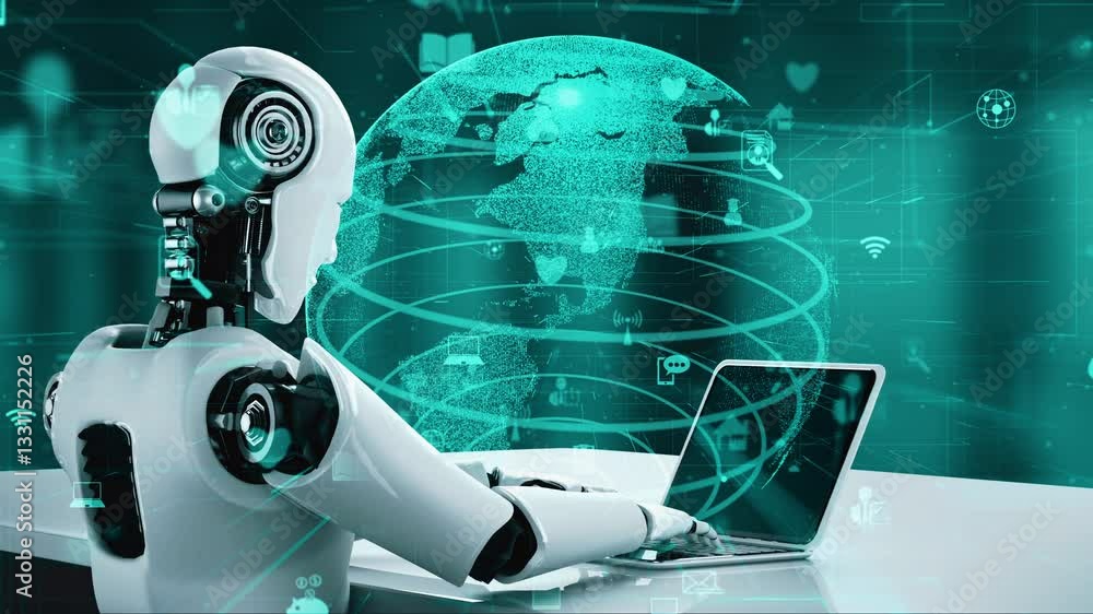 Poster internet connection controlled by ai robot huminoid and machine learning process to analyze data con