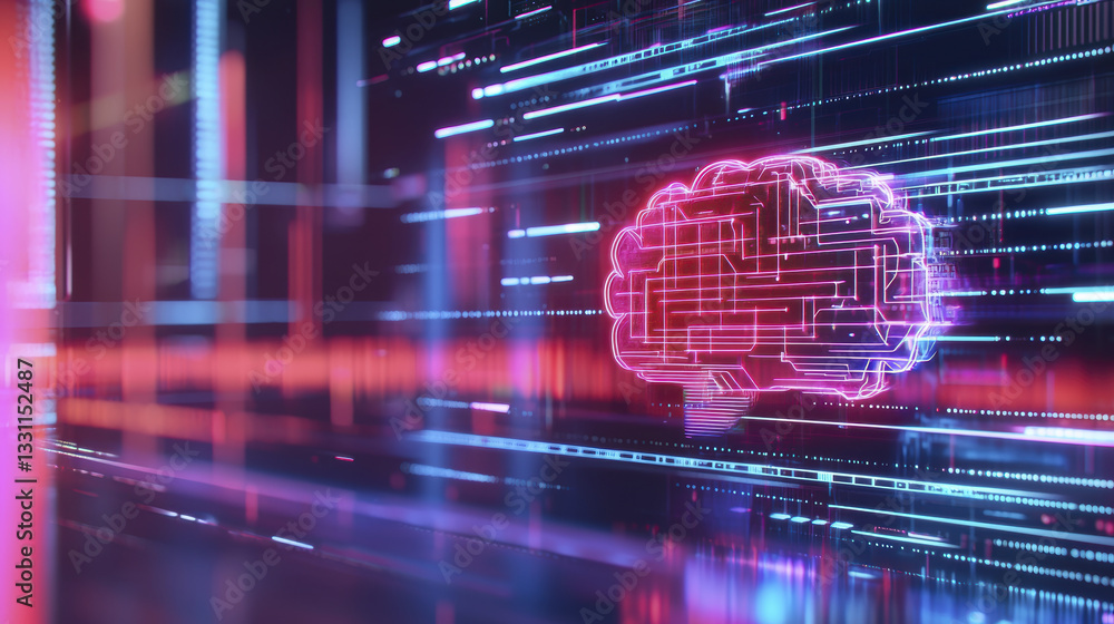 Poster digital brain illustration with neon lights and data streams, symbolizing technology and innovation