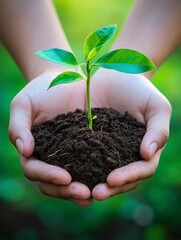Holding a Small Green Sprout with Soil in Human Hands Gently