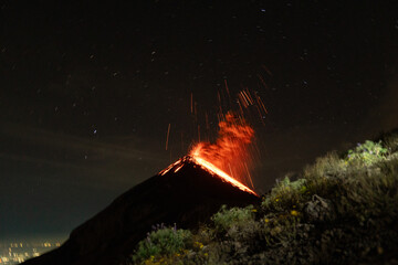 Nighttime Eruption of Volcán de Fuego, La Antigua, Guatemala