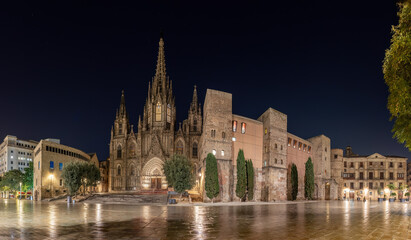 Panorama of he Barcelona Cathedral with no people at night